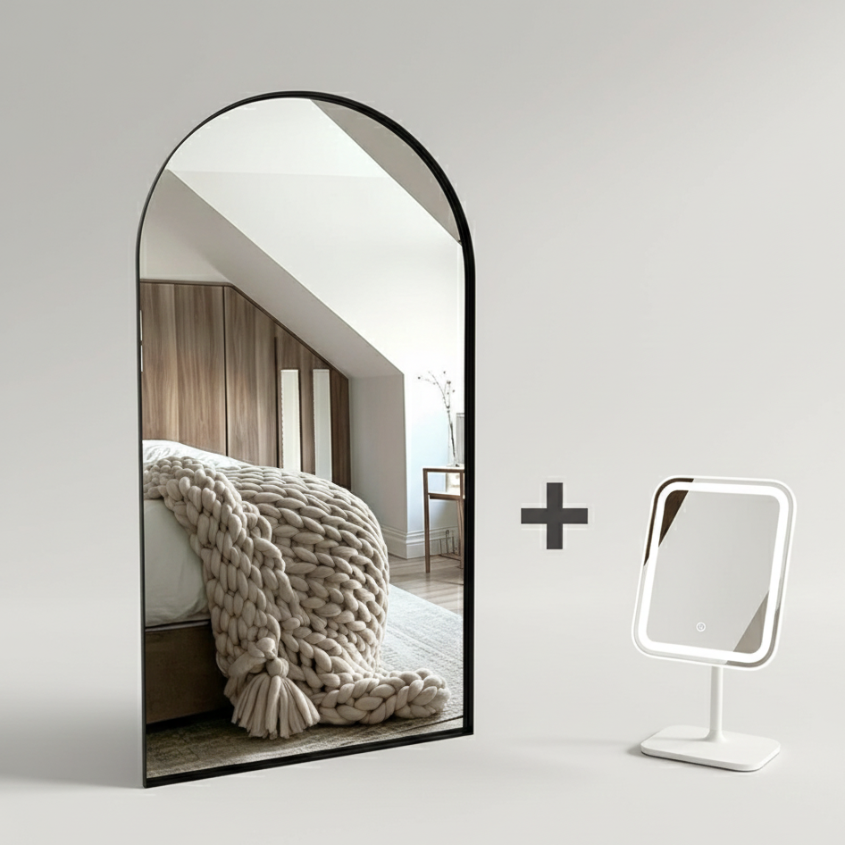 Elegant Arched Floor Mirror in Black Metal Frame